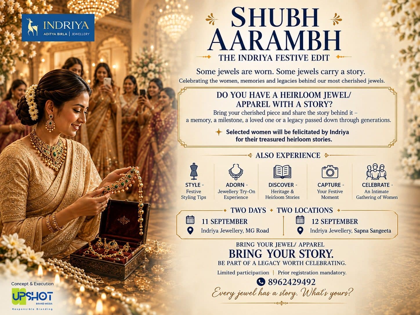 Festive Indriya Jewellery campaign featuring a woman in traditional attire holding an ornate jewellery piece, with a luxury festive setting and the headline “Shubh Aarambh – The Indriya Festive Edit.”